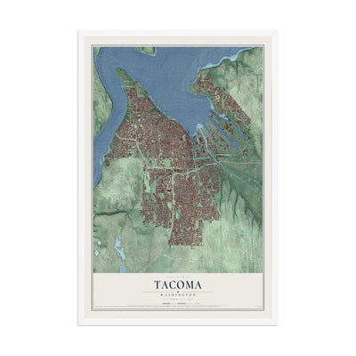 Map of Tacoma, Washington, 12 x 18 inch print in a white wood frame