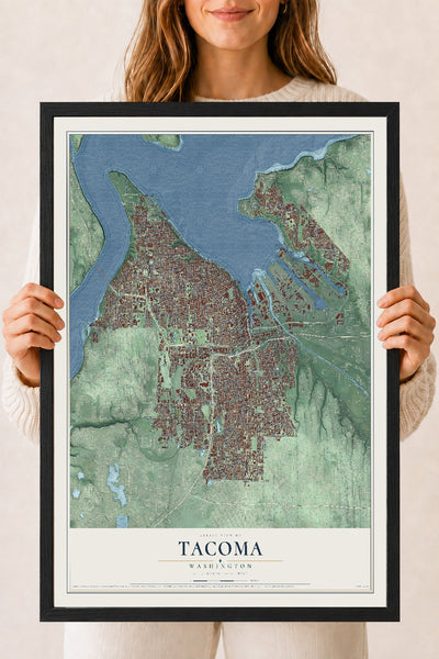Map of Tacoma, Washington, 18 x 24 inch print in a black wood frame