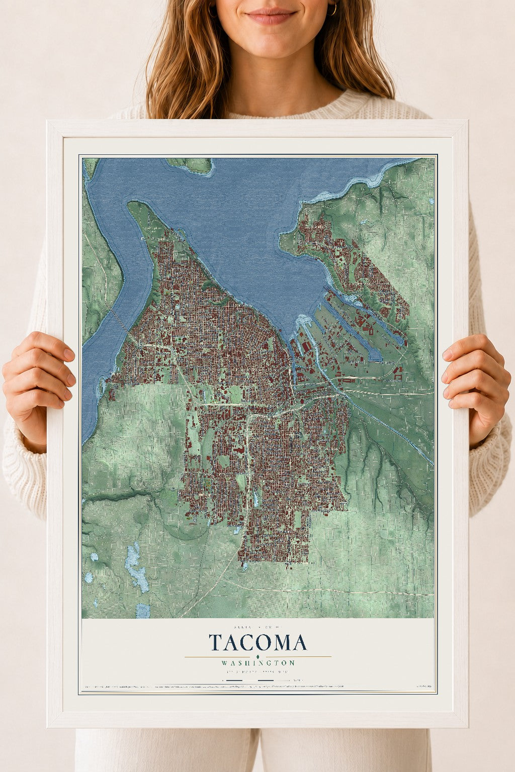 Map of Tacoma, Washington, 18 x 24 inch print in a white wood frame