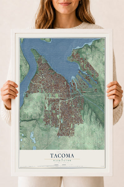 Map of Tacoma, Washington, 18 x 24 inch print in a white wood frame