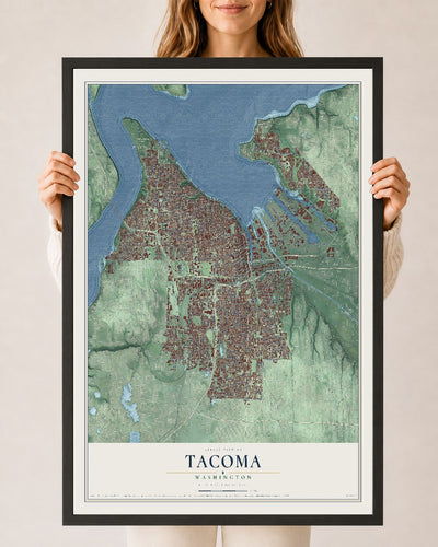 Map of Tacoma, Washington, 24 x 36 inch print in a black wood frame