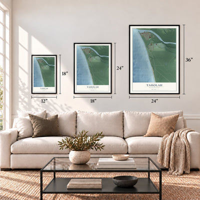 Taholah, Washington map in 12 x 18, 18 x 24 and 24 x 36 inch sizes above a sofa
