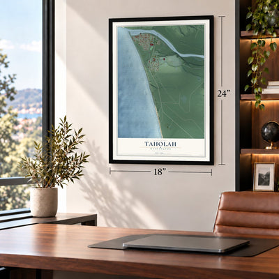 Taholah, Washington map, 18 x 24 inch print in a black frame in a home office