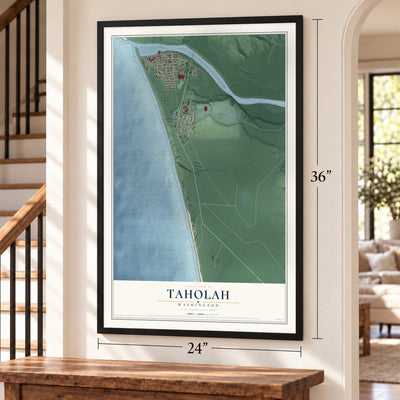 Taholah, Washington map, 24 x 36 inch print in a black frame by a staircase