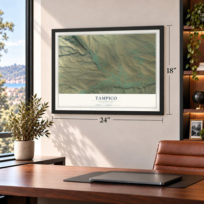 Tampico, Washington map, 18 x 24 inch print in a black frame in a home office