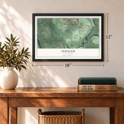 Tehaleh, Washington map, 12 x 18 inch print in a black frame in an entryway