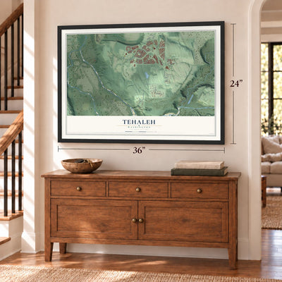 Tehaleh, Washington map, 24 x 36 inch print in a black frame above a dresser by a staircase