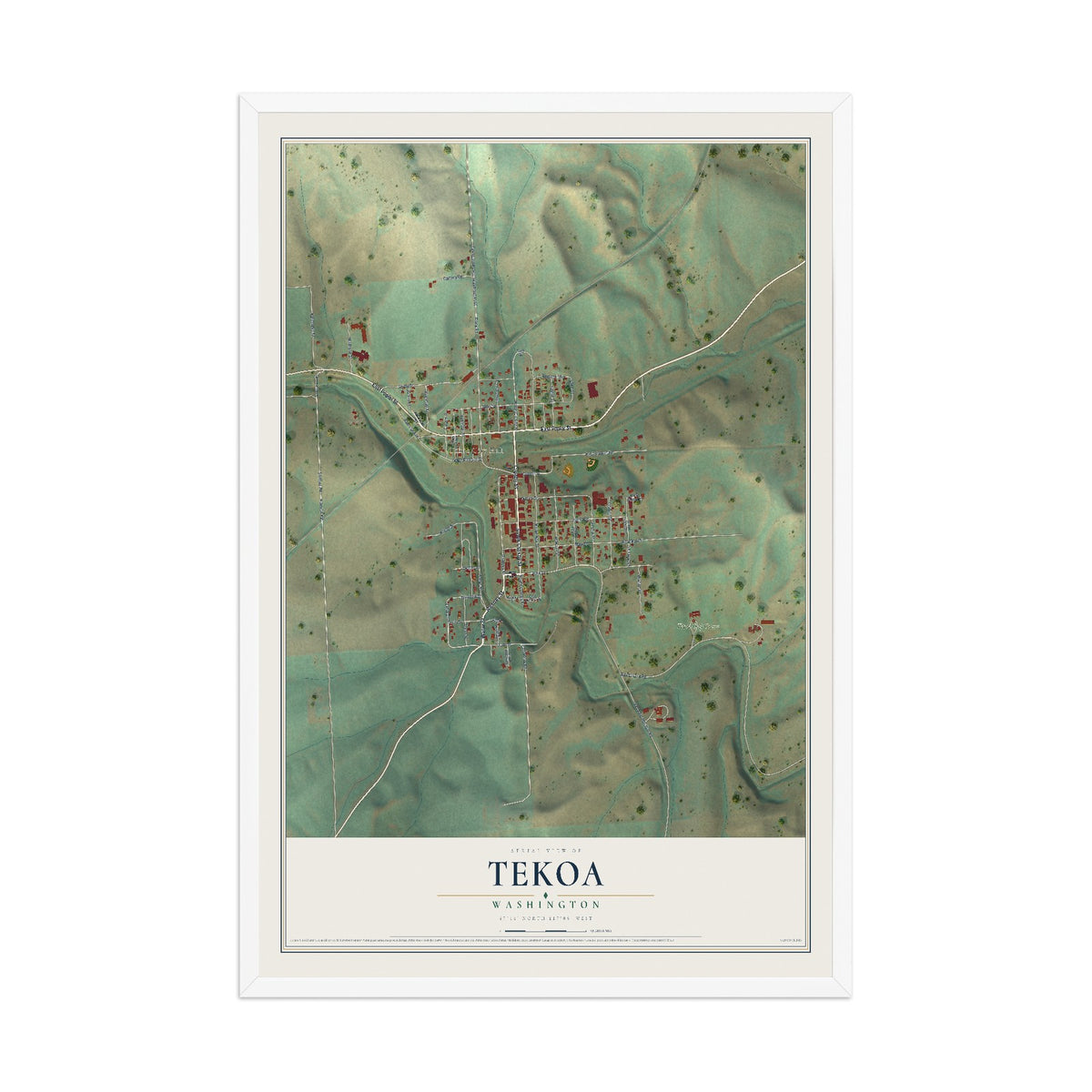 Map of Tekoa, Washington, 12 x 18 inch print in a white wood frame