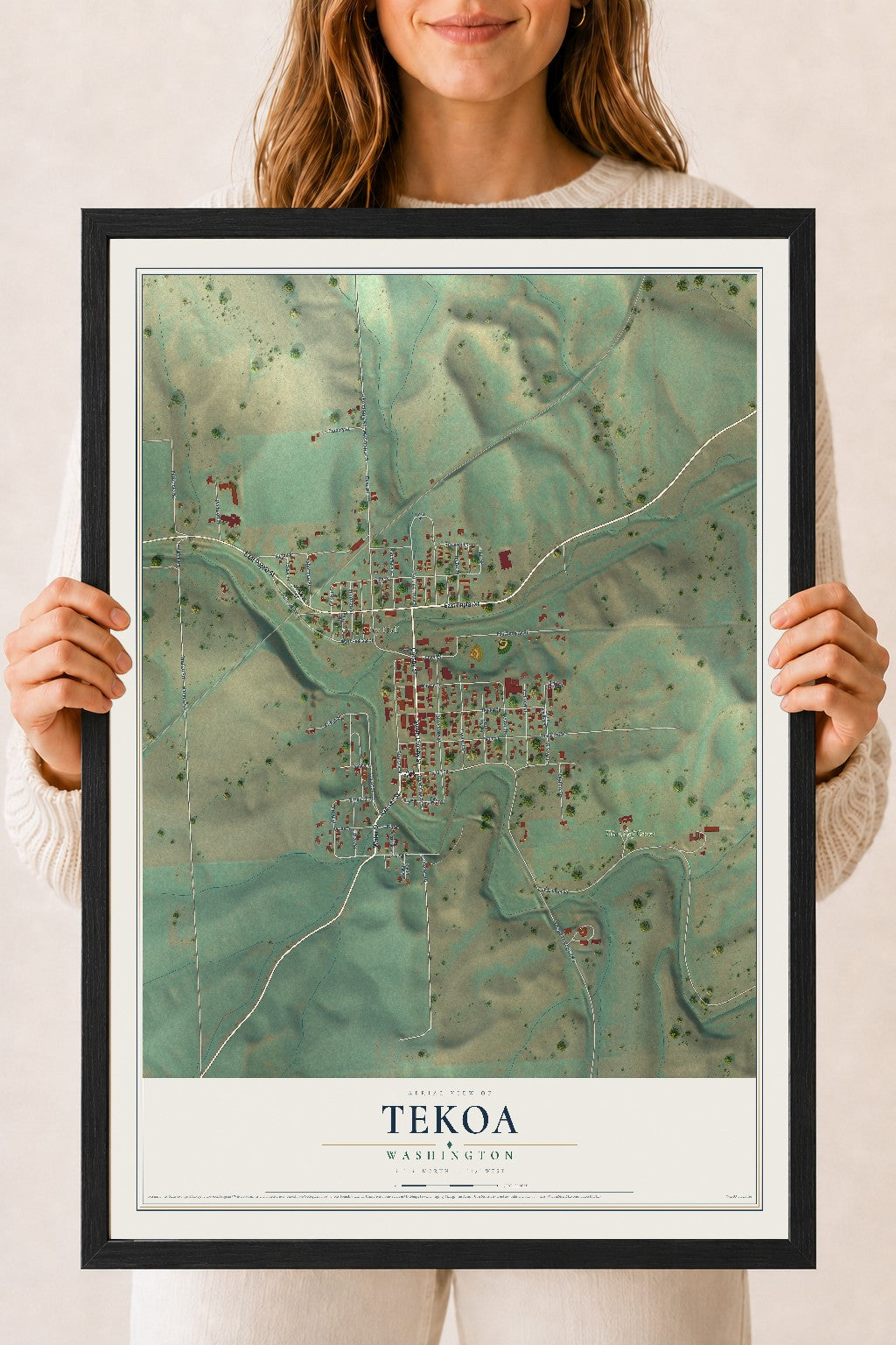 Map of Tekoa, Washington, 18 x 24 inch print in a black wood frame