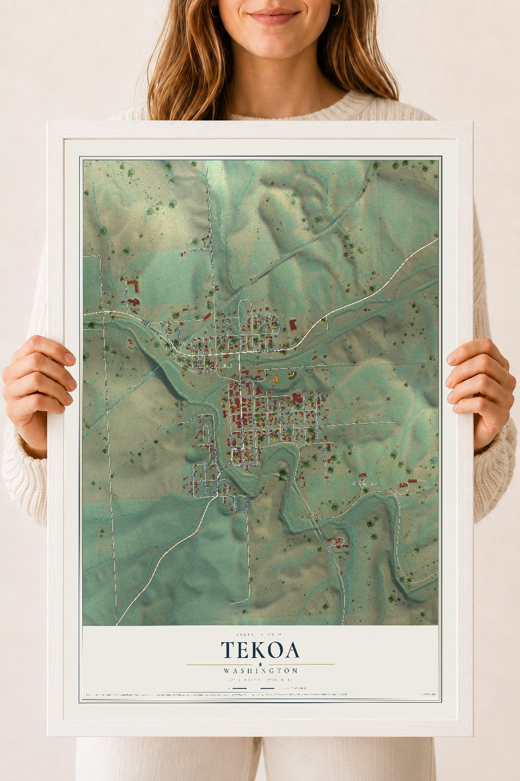 Map of Tekoa, Washington, 18 x 24 inch print in a white wood frame