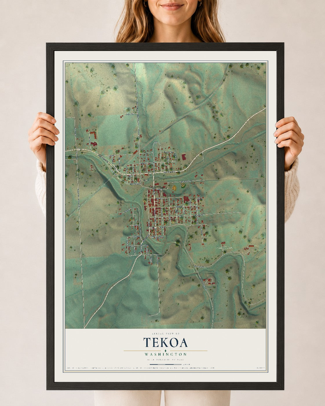 Map of Tekoa, Washington, 24 x 36 inch print in a black wood frame