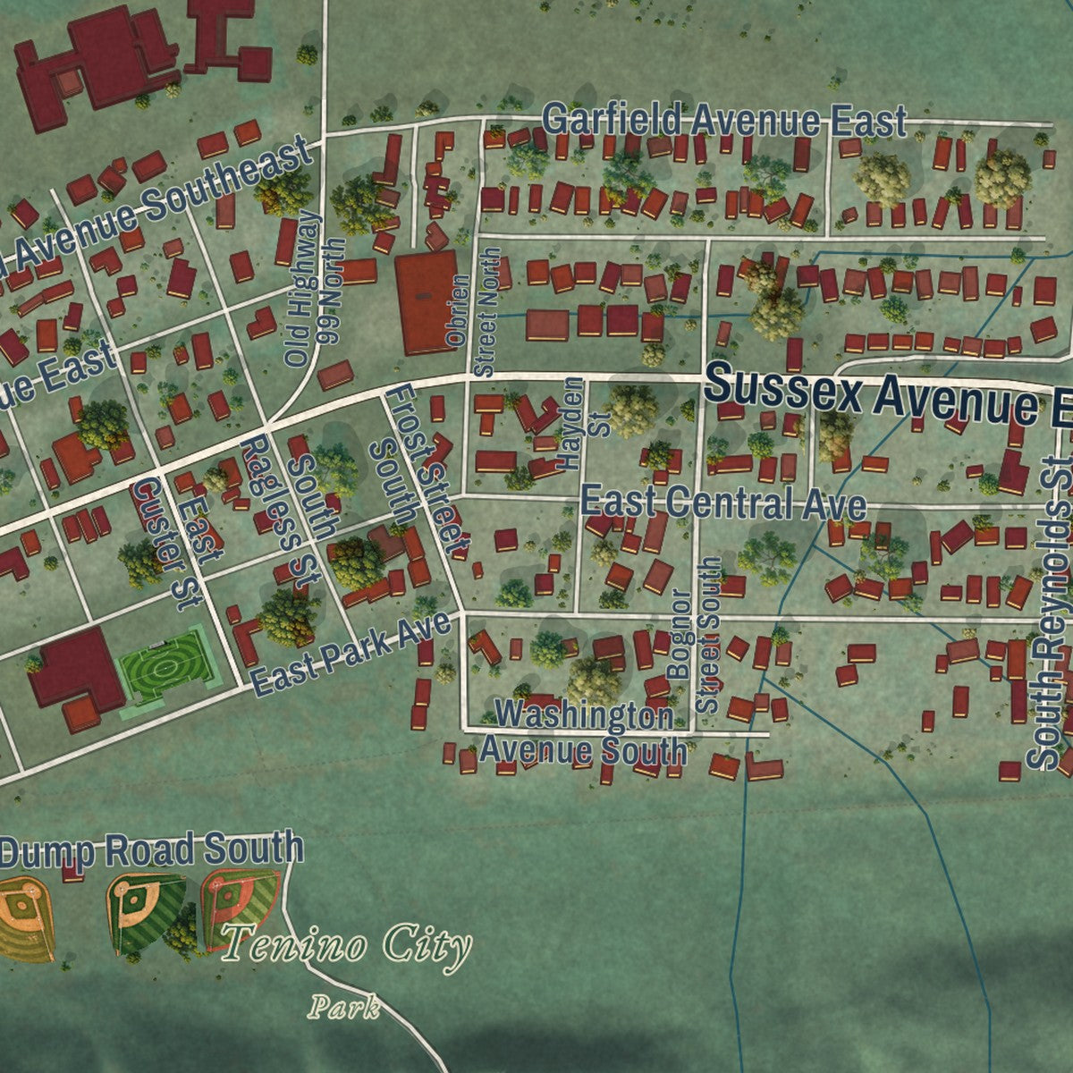 Close-up of the map of Tenino, Washington print showing street and building detail