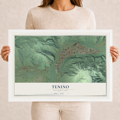 Map of Tenino, Washington, 12 x 18 inch print in a white wood frame