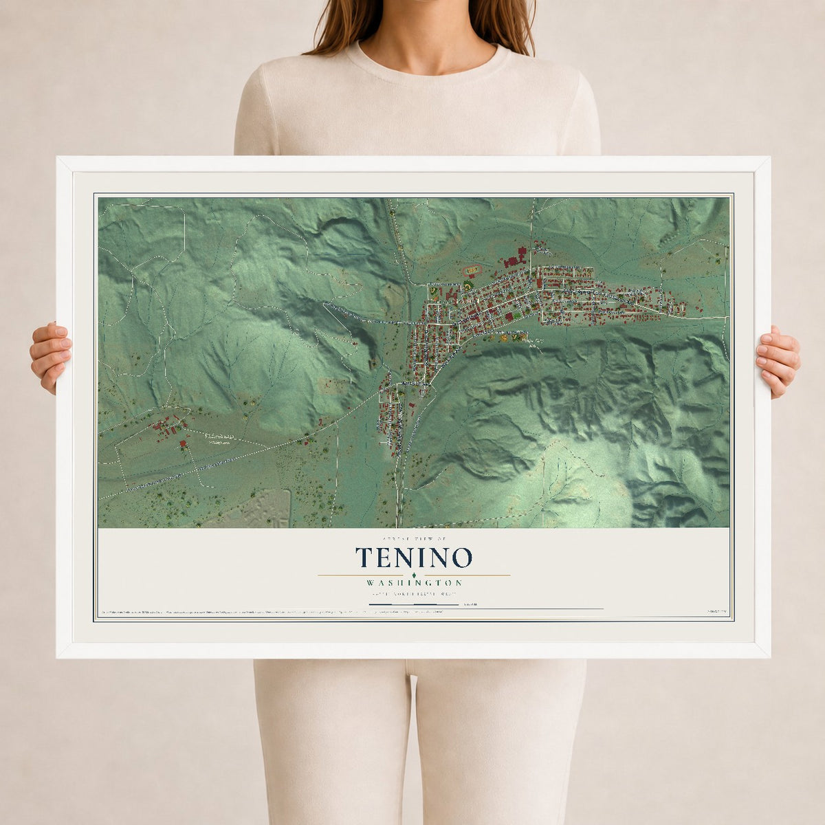 Map of Tenino, Washington, 24 x 36 inch print in a white wood frame