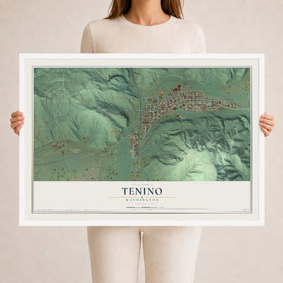 Map of Tenino, Washington, 24 x 36 inch print in a white wood frame
