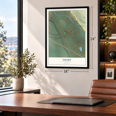 Thorp, Washington map, 18 x 24 inch print in a black frame in a home office