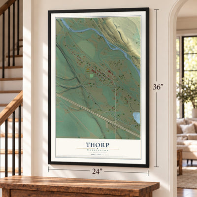 Thorp, Washington map, 24 x 36 inch print in a black frame by a staircase