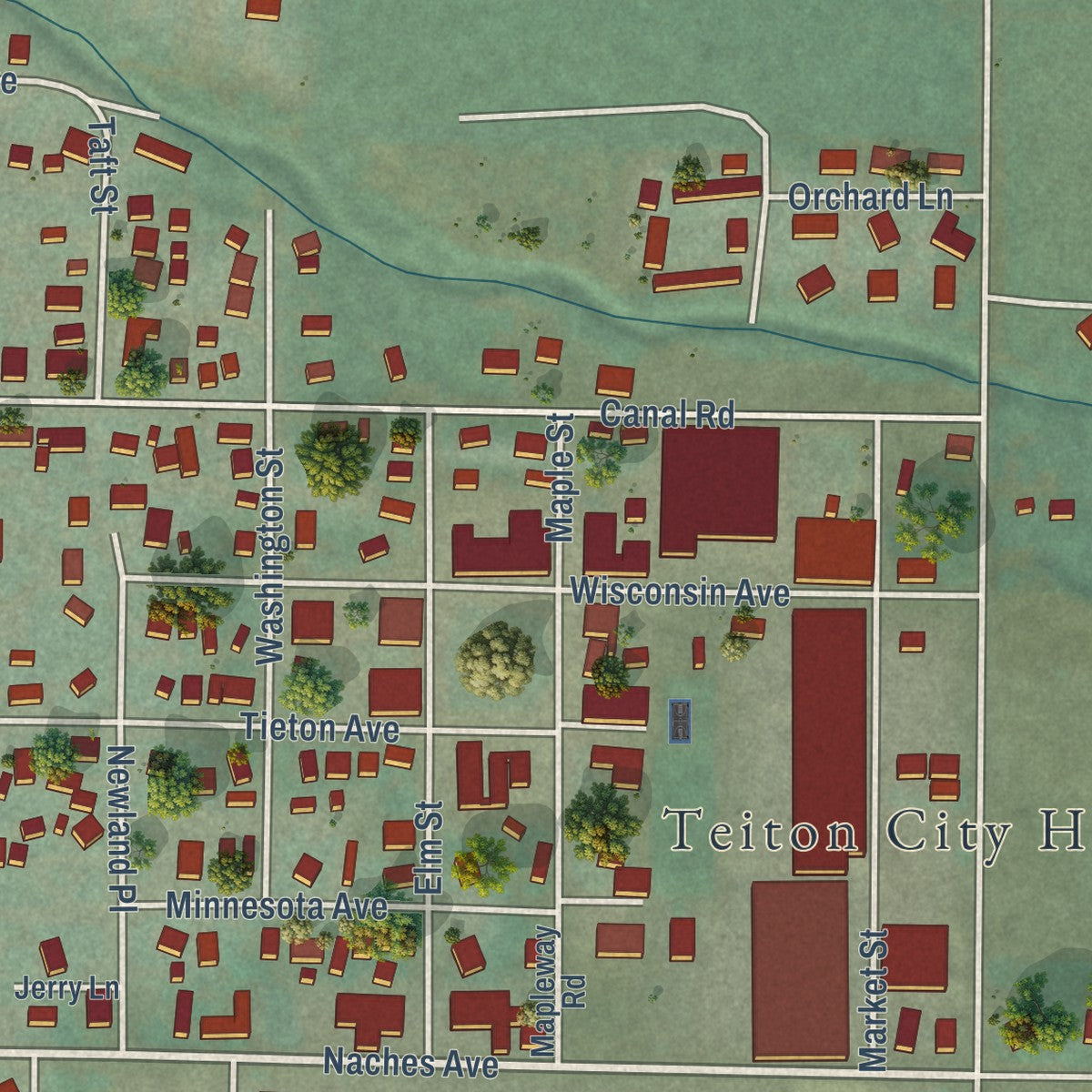 Close-up of the map of Tieton, Washington print showing street and building detail