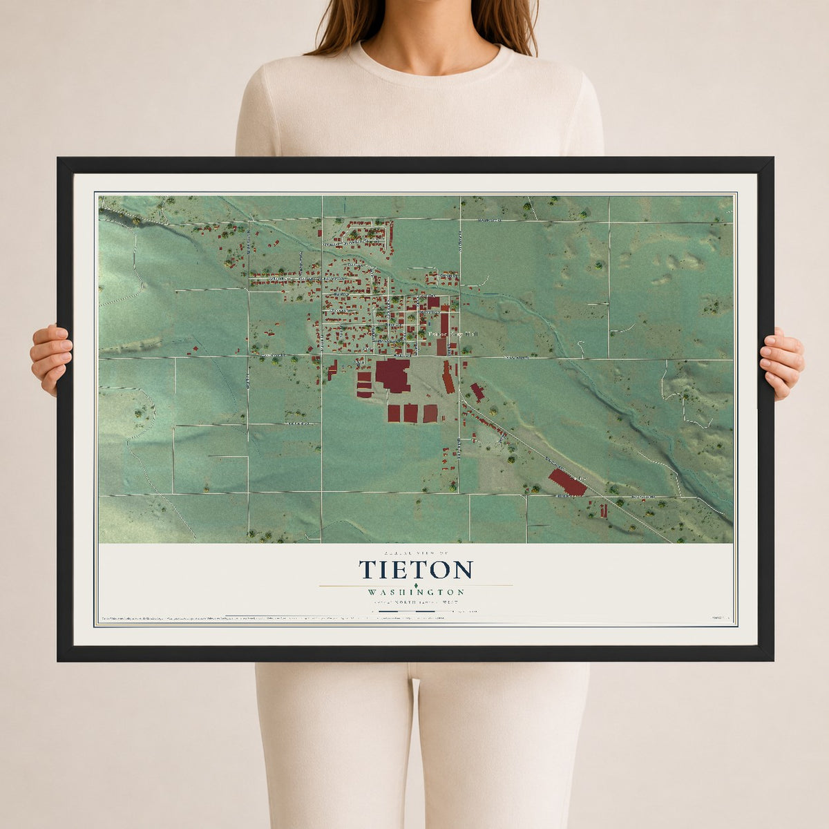 Map of Tieton, Washington, 24 x 36 inch print in a black wood frame