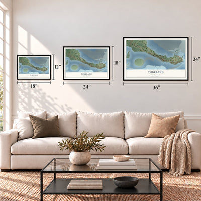 Tokeland, Washington map in 12 x 18, 18 x 24 and 24 x 36 inch sizes above a sofa