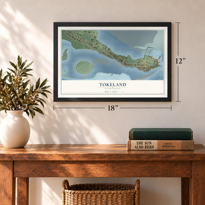 Tokeland, Washington map, 12 x 18 inch print in a black frame in an entryway