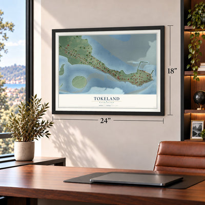 Tokeland, Washington map, 18 x 24 inch print in a black frame in a home office