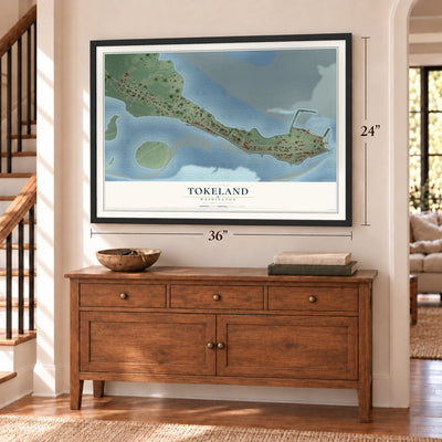 Tokeland, Washington map, 24 x 36 inch print in a black frame above a dresser by a staircase