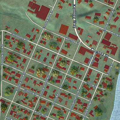 Close-up of the map of Toledo, Washington print showing street and building detail