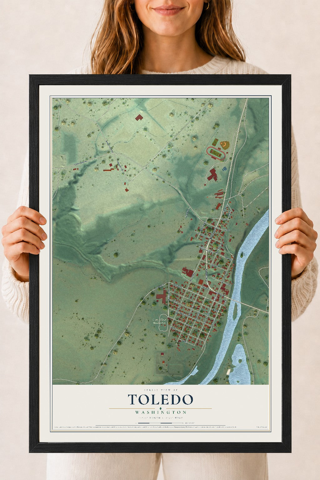 Map of Toledo, Washington, 18 x 24 inch print in a black wood frame