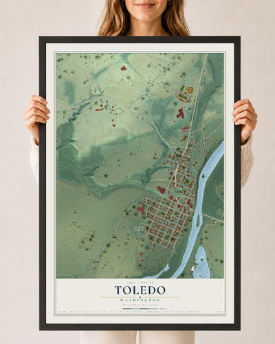Map of Toledo, Washington, 24 x 36 inch print in a black wood frame