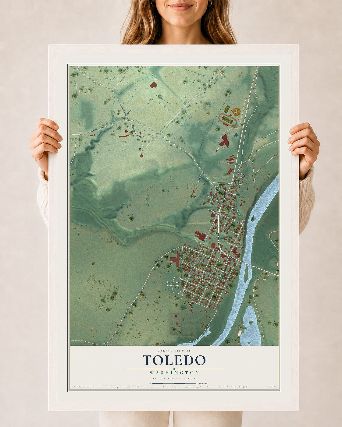 Map of Toledo, Washington, 24 x 36 inch print in a white wood frame