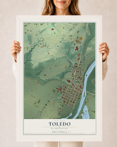 Map of Toledo, Washington, 24 x 36 inch print in a white wood frame