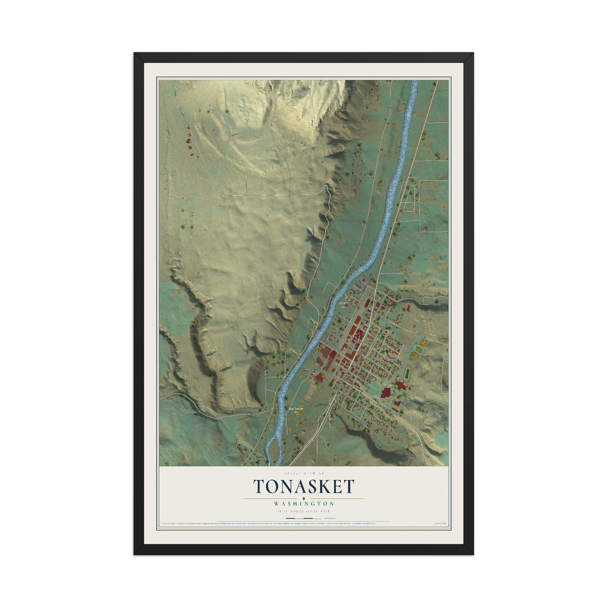 Map of Tonasket, Washington, 12 x 18 inch print in a black wood frame