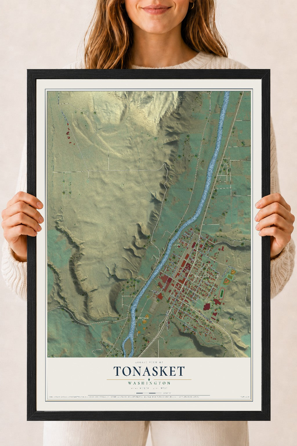 Map of Tonasket, Washington, 18 x 24 inch print in a black wood frame