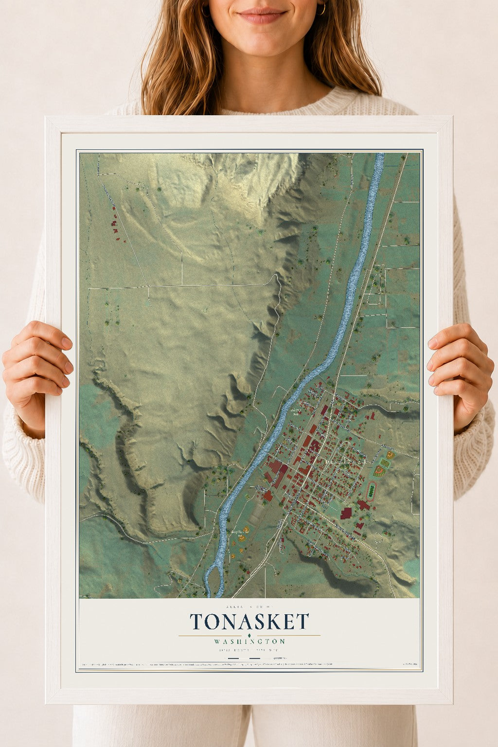 Map of Tonasket, Washington, 18 x 24 inch print in a white wood frame