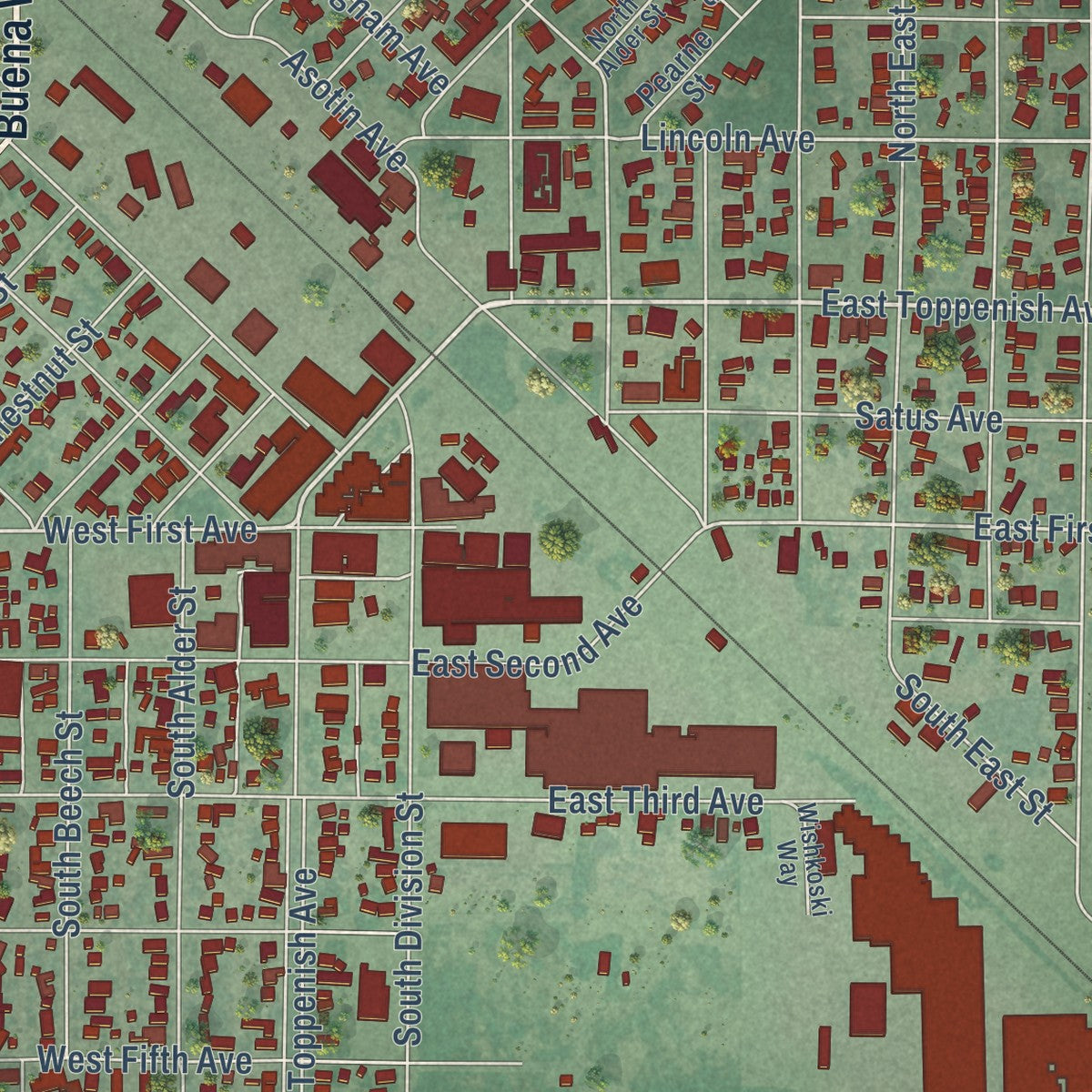 Close-up of the map of Toppenish, Washington print showing street and building detail