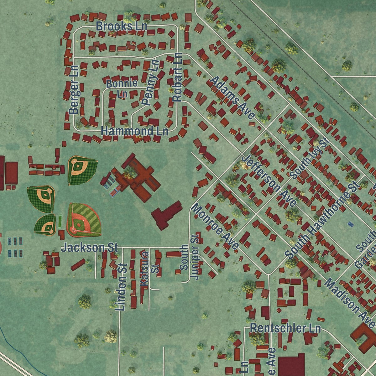 Second close-up of the map of Toppenish, Washington print showing more streets and buildings