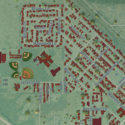Second close-up of the map of Toppenish, Washington print showing more streets and buildings
