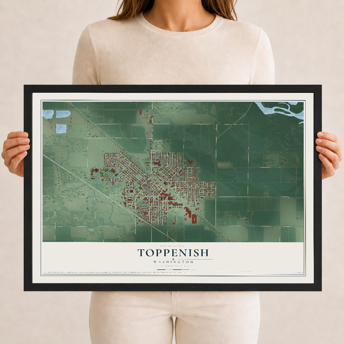Map of Toppenish, Washington, 12 x 18 inch print in a black wood frame
