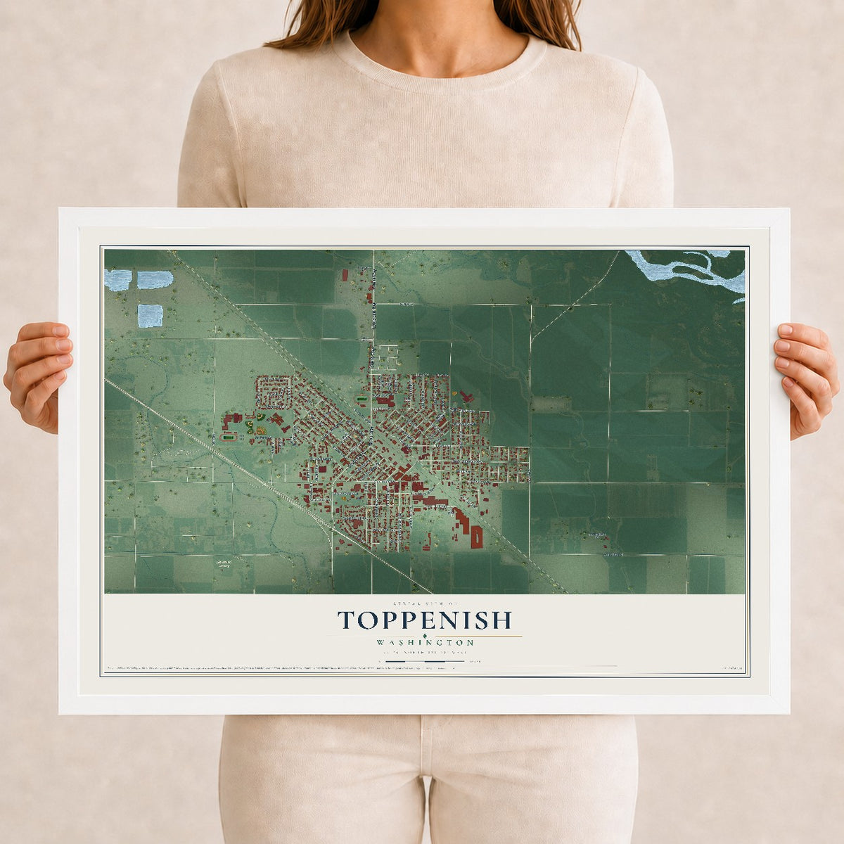 Map of Toppenish, Washington, 12 x 18 inch print in a white wood frame