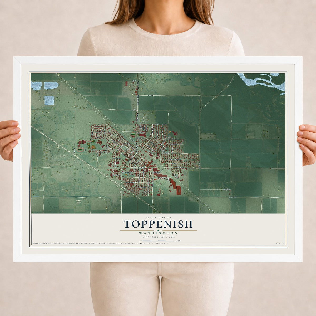 Map of Toppenish, Washington, 18 x 24 inch print in a white wood frame