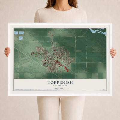 Map of Toppenish, Washington, 24 x 36 inch print in a white wood frame