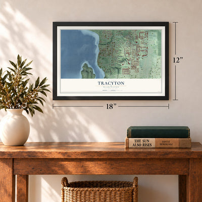 Tracyton, Washington map, 12 x 18 inch print in a black frame in an entryway