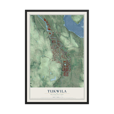 Map of Tukwila, Washington, 12 x 18 inch print in a black wood frame