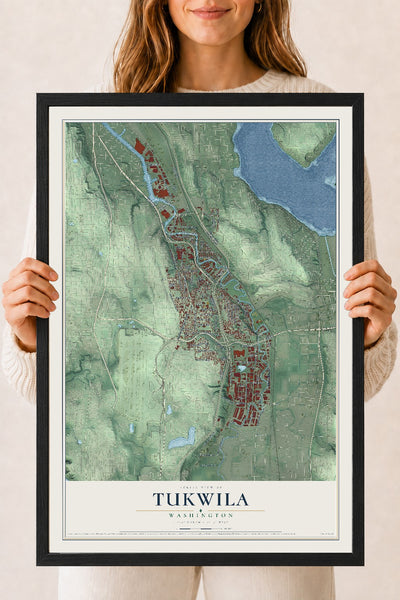 Map of Tukwila, Washington, 18 x 24 inch print in a black wood frame