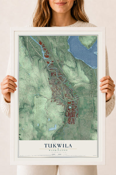 Map of Tukwila, Washington, 18 x 24 inch print in a white wood frame