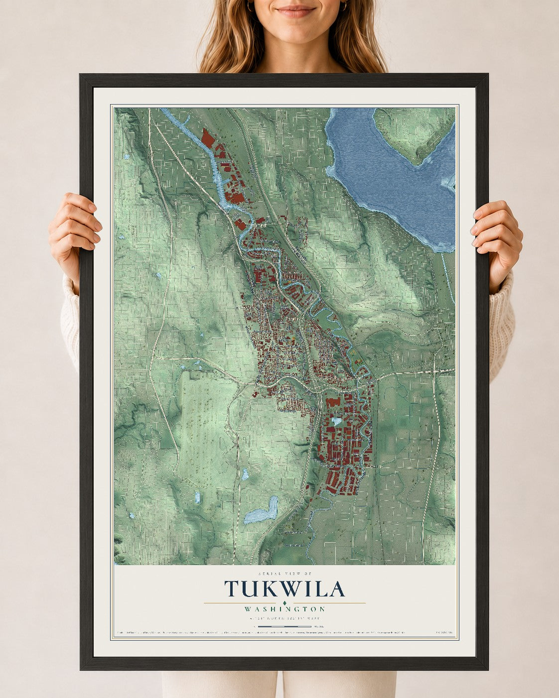 Map of Tukwila, Washington, 24 x 36 inch print in a black wood frame