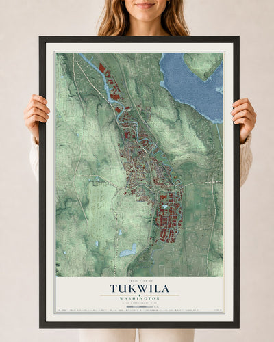 Map of Tukwila, Washington, 24 x 36 inch print in a black wood frame