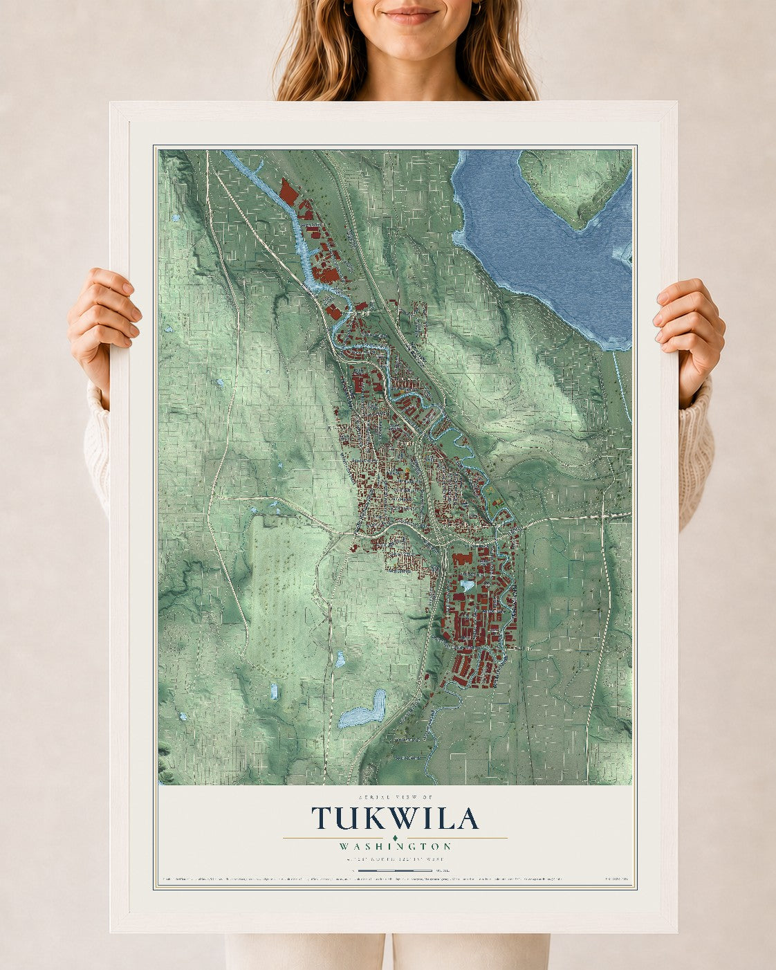 Map of Tukwila, Washington, 24 x 36 inch print in a white wood frame