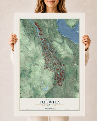 Map of Tukwila, Washington, 24 x 36 inch print in a white wood frame